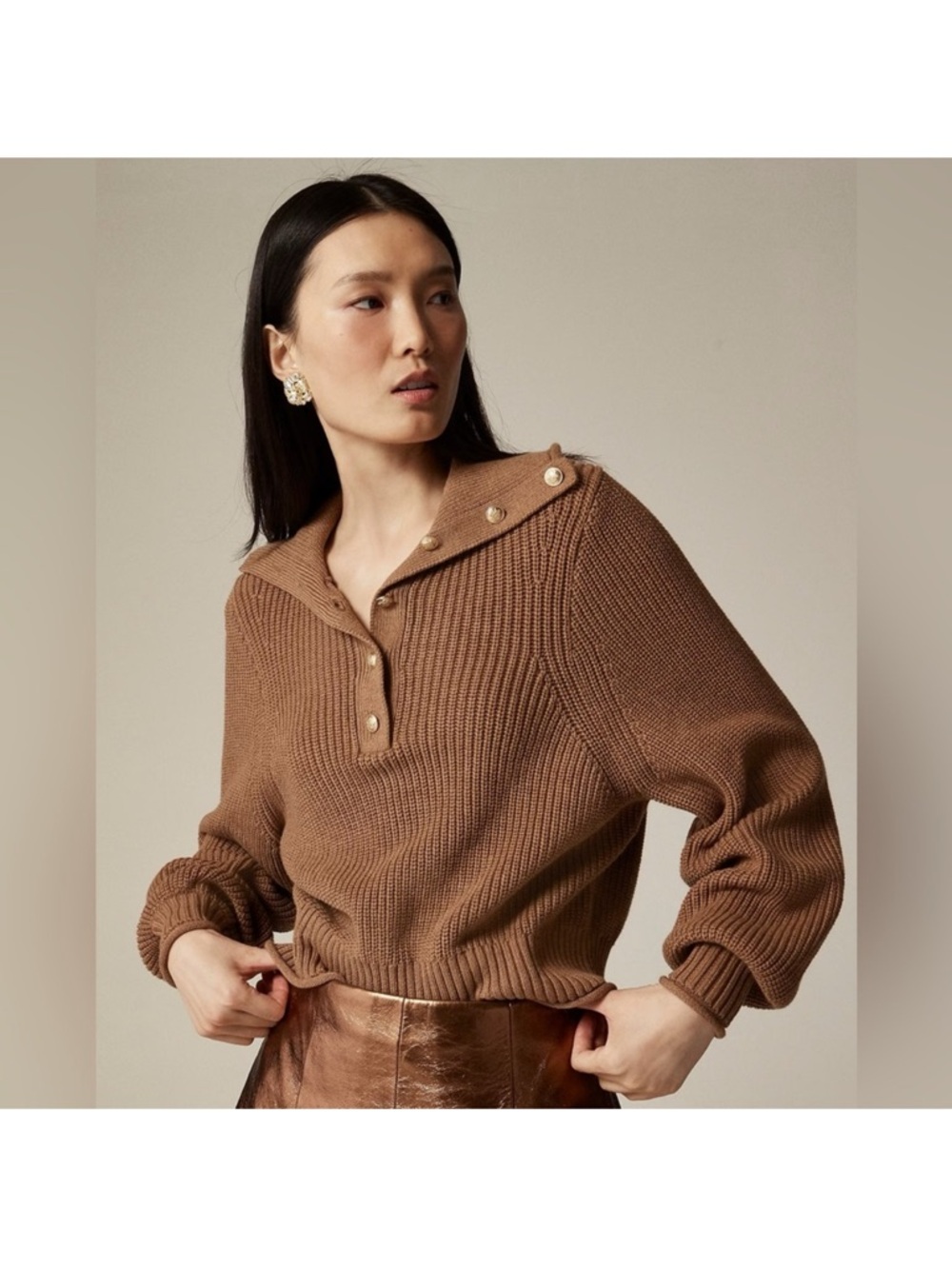 J crew women’s Cropped Rib-Knit Sweater button Collar tan sz s